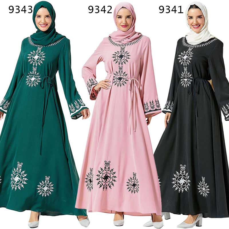 

autumn embroidery long sleeve loose maxi dress plus size lace up waist abaya women ramadan kaftan Dubai Robe islamic judaic gown