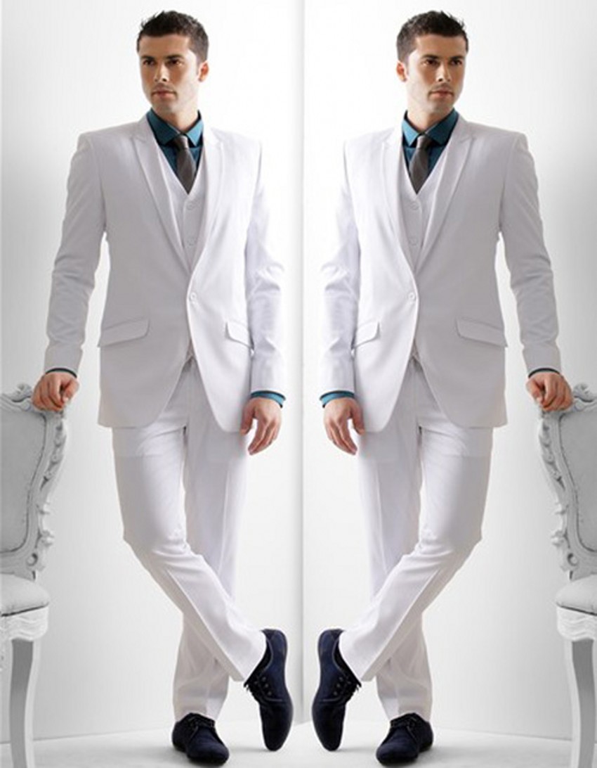 Classic Design White Groom Tuxedos Peak Lapel One Button Groomsmen Mens Wedding Dress Excellent Man Suits(Jacket+Pants+Vest+Tie) 370