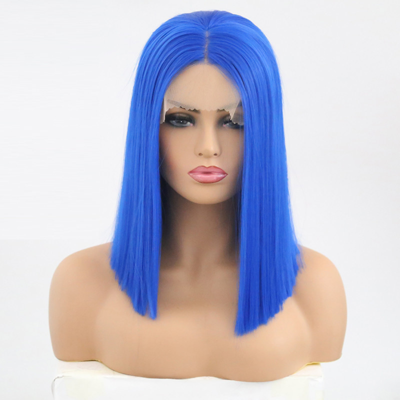 

RONGDUOYI Blue Short Bob Straight Wigs for Women Synthetic Lace Front Wig Cosplay Hair Middle Part High Temperture Fiber, As pic