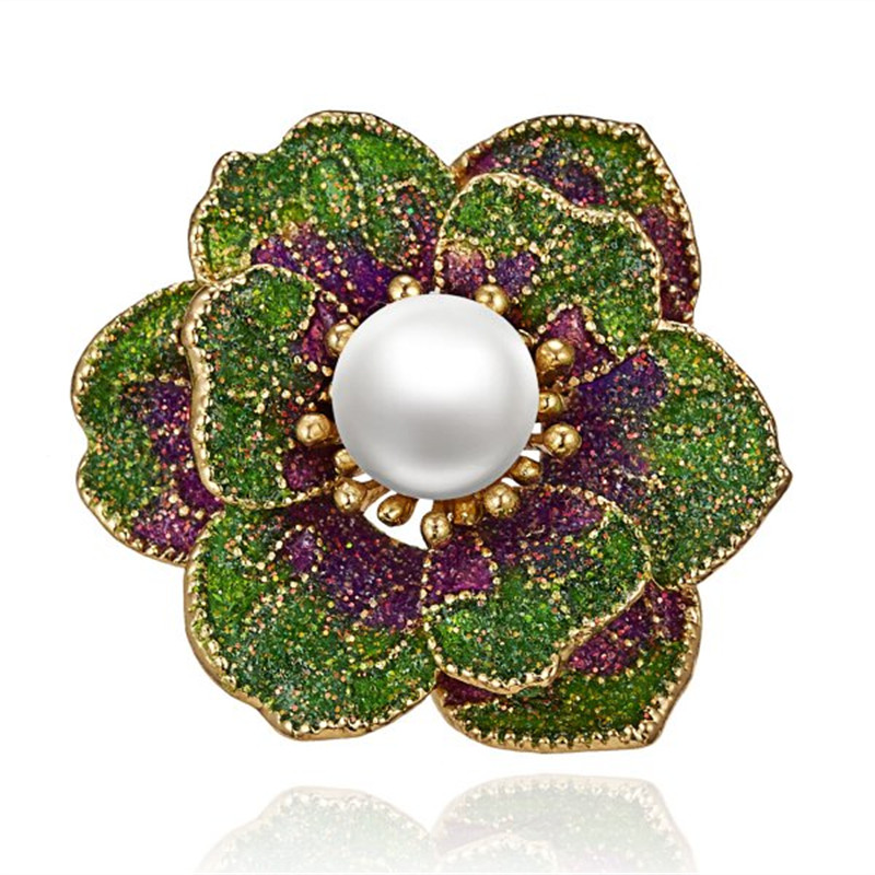 Lakke Lovely Green Enamel Leaves Petals Inset Simulated Pearl Girl Corsage Brooch Badge Pin Brooch