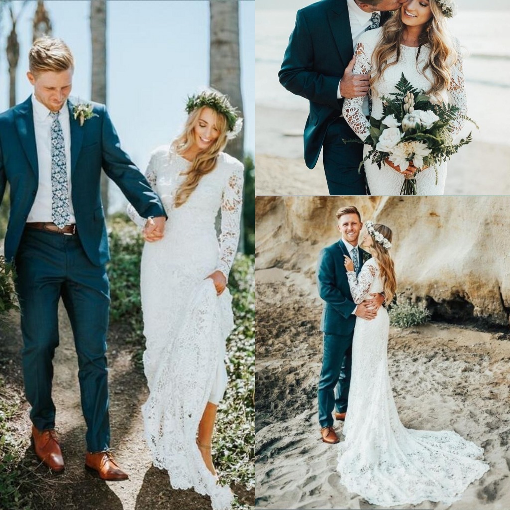 Jewel Neck Vintage Lace Mermaid Wedding Gowns Long Sleeve Bohemian Summer Holiday Countryside Beach Bridal Gowns Sweep Train Boho Garden Bride Robes