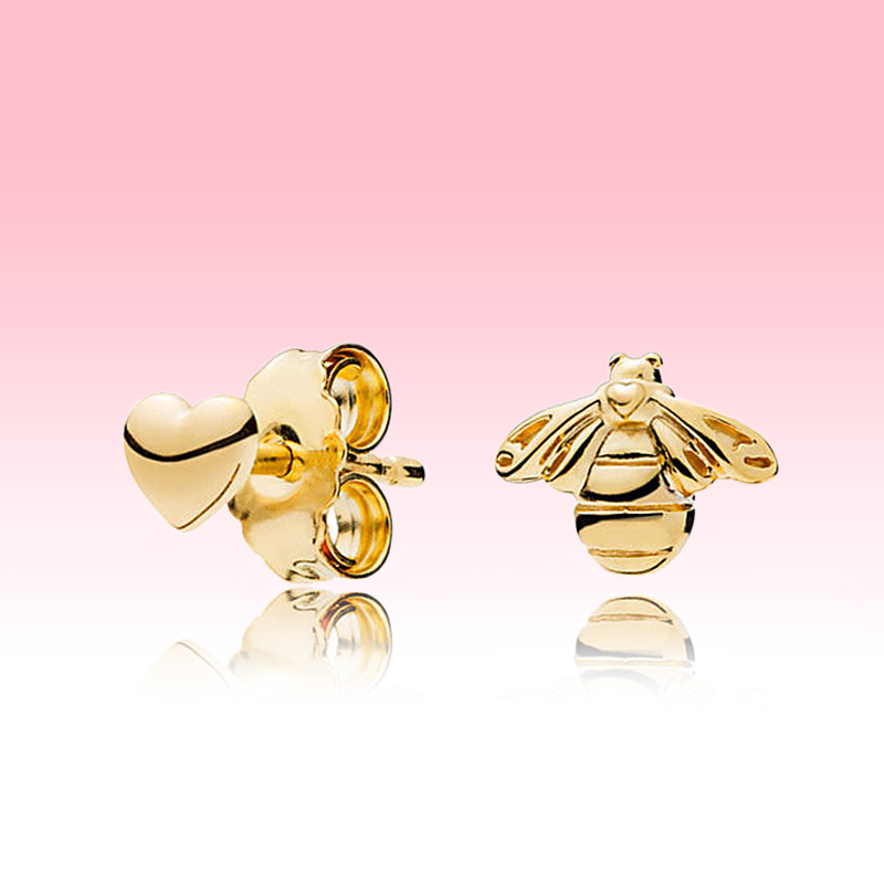 Golden heart & bee Stud Earrings Authentic 925 Sterling Silver designer Earrings Women Wedding Party Jewelry Gold earrings with Luxurious Retail Box