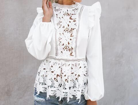 

Women Hollow Lace Blouses and Shirts White blouse O Neck Ruffle Long Sleeve Elegant Tops Blusas, As pic
