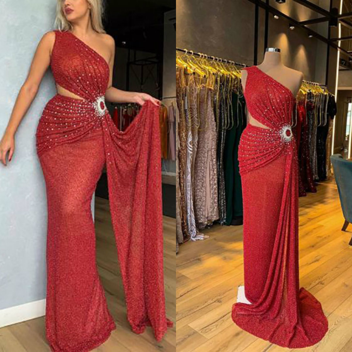 

Sexy Mermaid Evening Dresses Ruffles Lace Beaded One Shoulder Prom Dress Floor Length Plus Size Special Formal Party Gowns, Silver