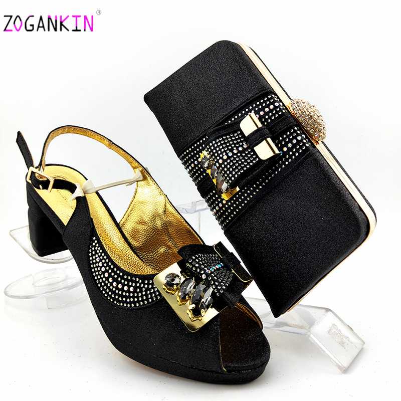 

Fashionable Italian Sandals and Bag Set African Shoes with Matching Bags Comfortable Heels for Royal Wedding Party, Black