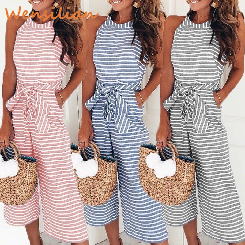 

Women Jumpsuit Fashion Causal Striped Sleeveless Romper Halter Sashes Jumpsuits Ladies Loose Wide Pants Overalls Bodysuit Female, Black