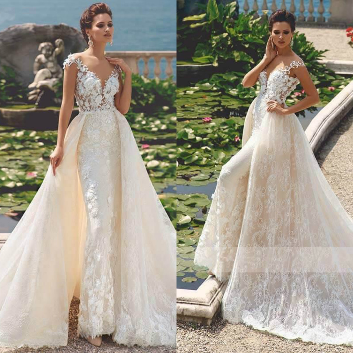 

Gorgeous Mermaid Wedding Dresses With Detachable Train Lace Appliqued Cap Sleeves Country Bridal Gowns Sweep Train Plus Size Wedding Dress, Silver