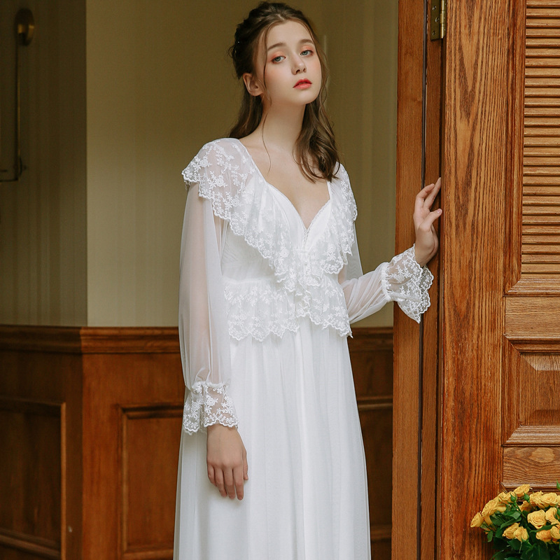 

Lisacmvpnel Retro Princess Style Knitted cotton Women Robe Set Chiffon Ice Silk Sexy Fashion Pajamas, White