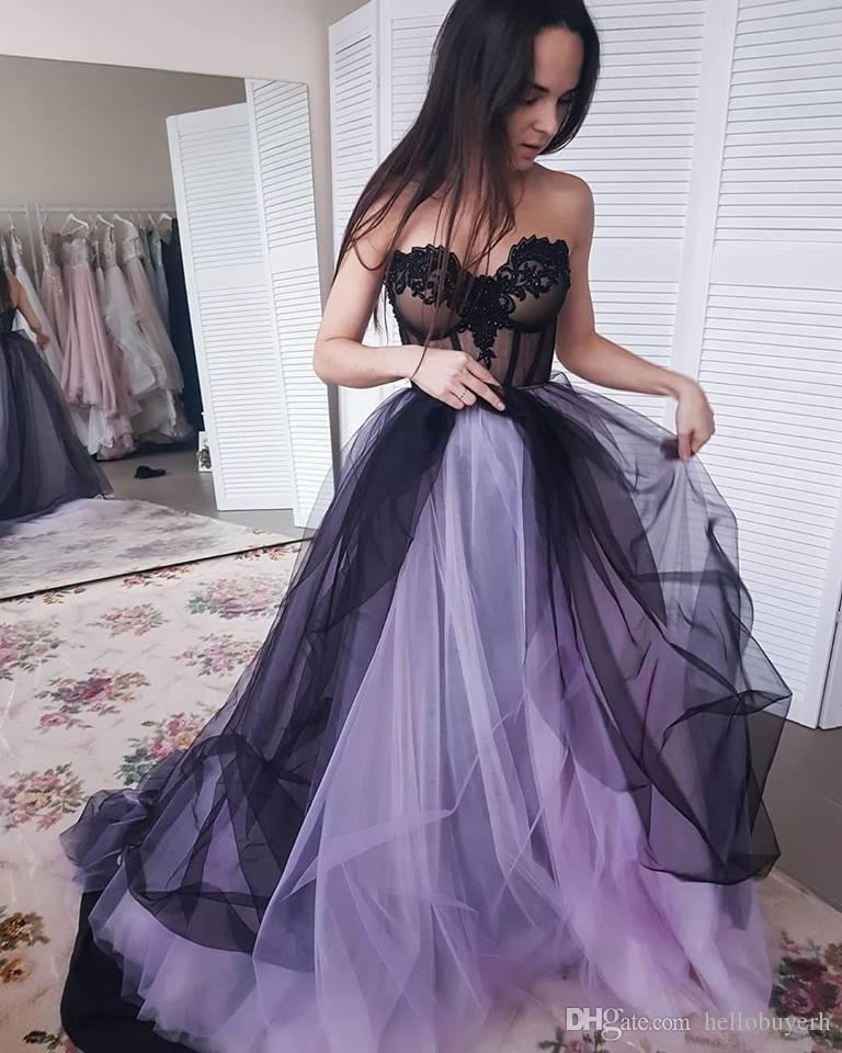 

Purple And Black A Line Tulle Sweetheart Sexy Prom Dresses Plus Size Special Occasion Dresses 2019 Long Sexy Evening Gown Sweet 16 Dresses, Same as picture