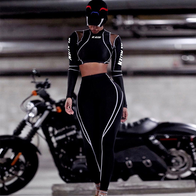 

Women Fitness Sporting Two Pieces Set Letter Print Turtleneck Top Leggings Striped Patchwork 2020 Fashion 2 Pcs Tracksuits, Black