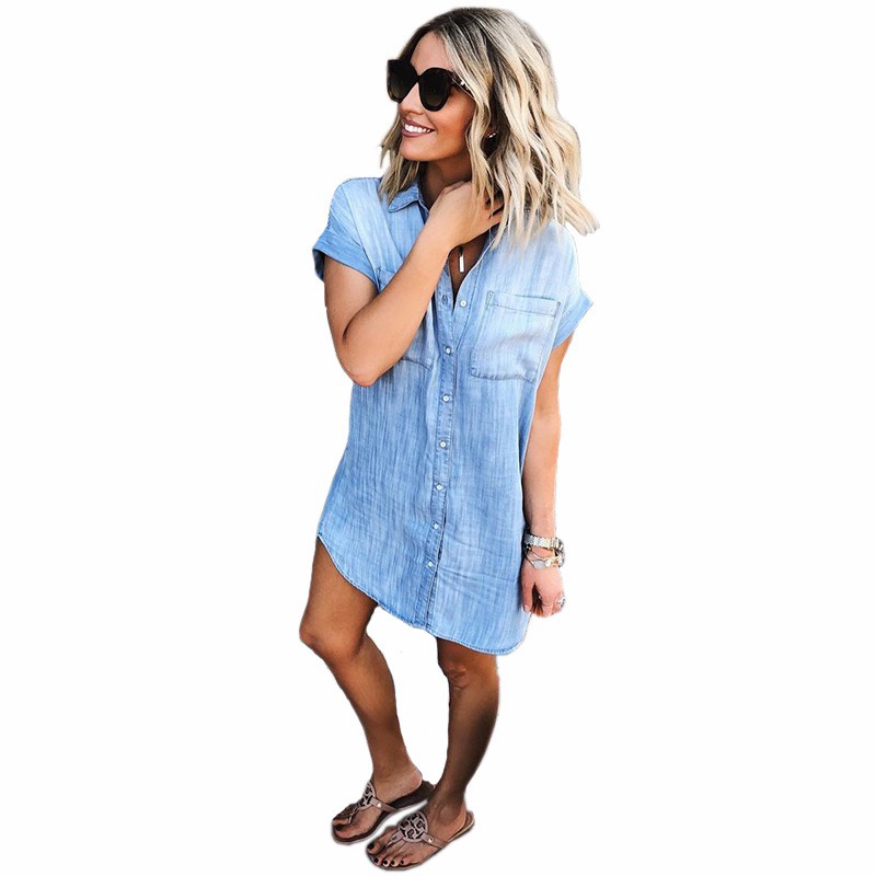 Mini robe chemisier en jean ample pour femmes, T-Shirt à manches courtes et revers boutonné, hauts avec poches