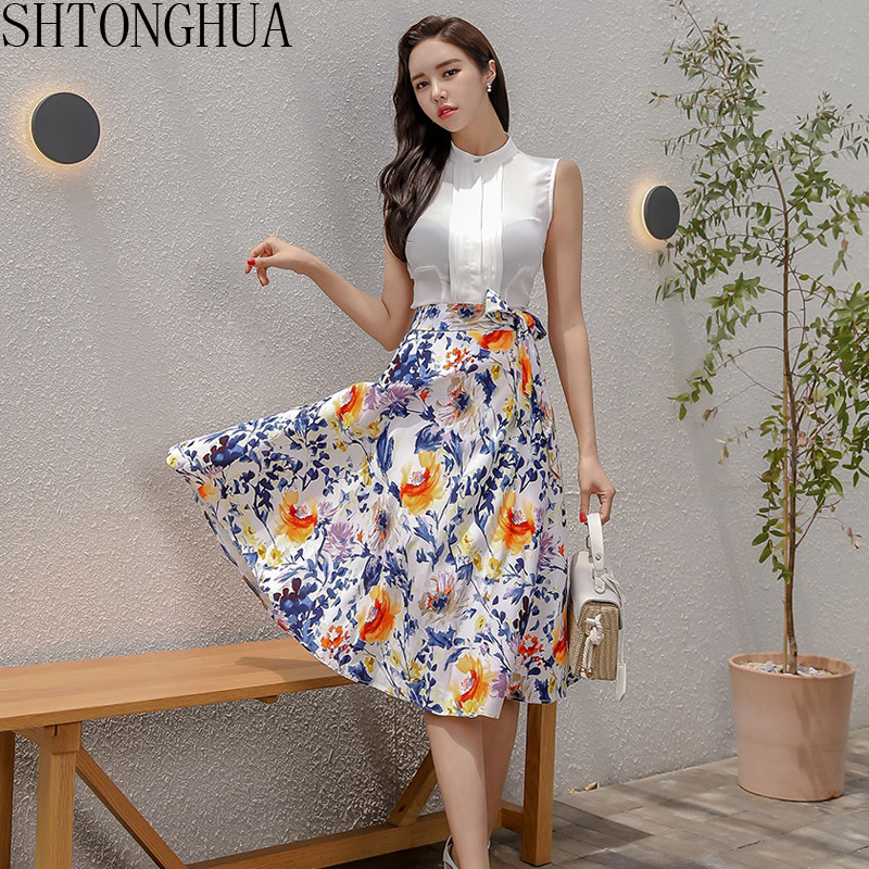 

2020 Summer Sexy Women' Two Pieces Suits Stand Collar Sleeveless white Shirt Crop Top + High waist Lace Up Print Skirt Work Set, Picture color