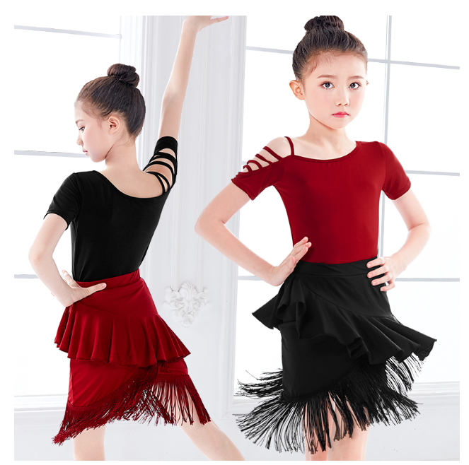 

Tassel Fringe Ballroom Split Latin Dance Clothing set for Girls Stage Performance Sumba Red Black Leotards Tassel Skirt Set, Clothing set c4