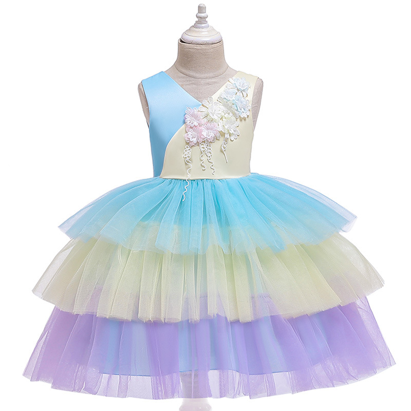 

Children's Clothes Color Matching Cake Princess Dress Kids Performance Dress Girls' Birthday Party Costumes Christmas Clothing, D0108-blue