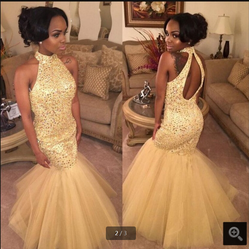 

Vestidos De Festa yellow mermaid black girls african prom dress hollow back sexy heavily beading crystals formal evening party prom gowns