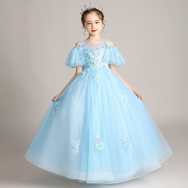 

2020Summer New Children Girls Exquisite Design Appliques Flowers Birthday Wedding Party Princess Fluffy Piano Long Dress, Blue long dress