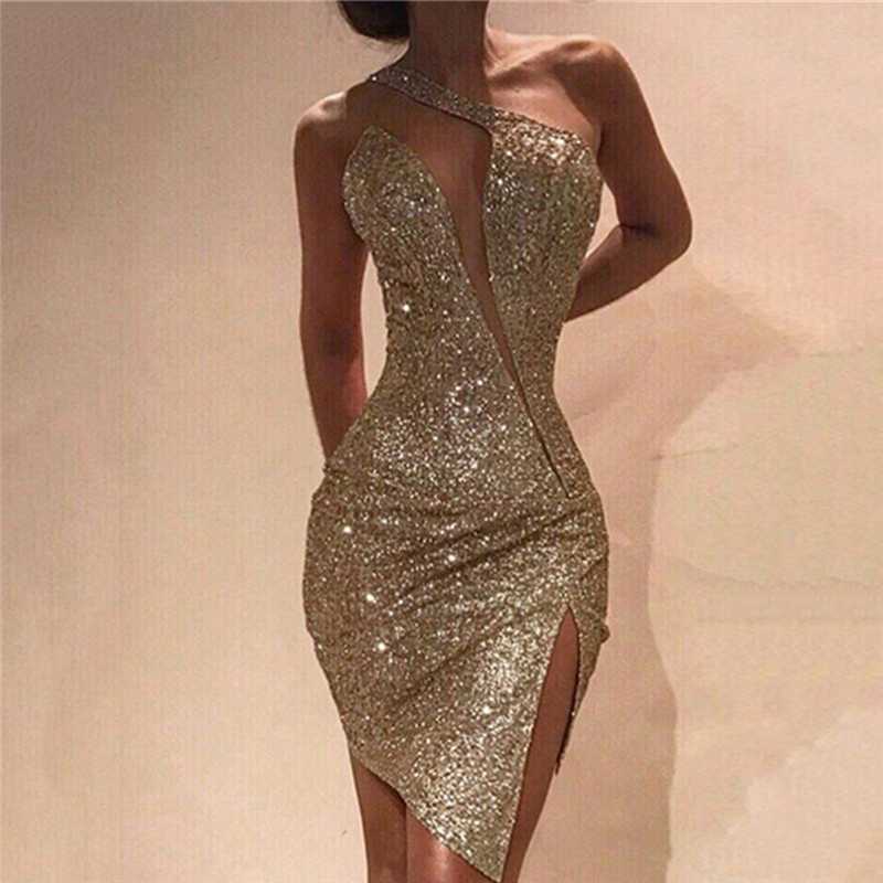Summer Bodycon Party Nightclub Backless Mini Dress Ladies Sexy Sequins One Shoulder Dress Women Side Split Club Irregular