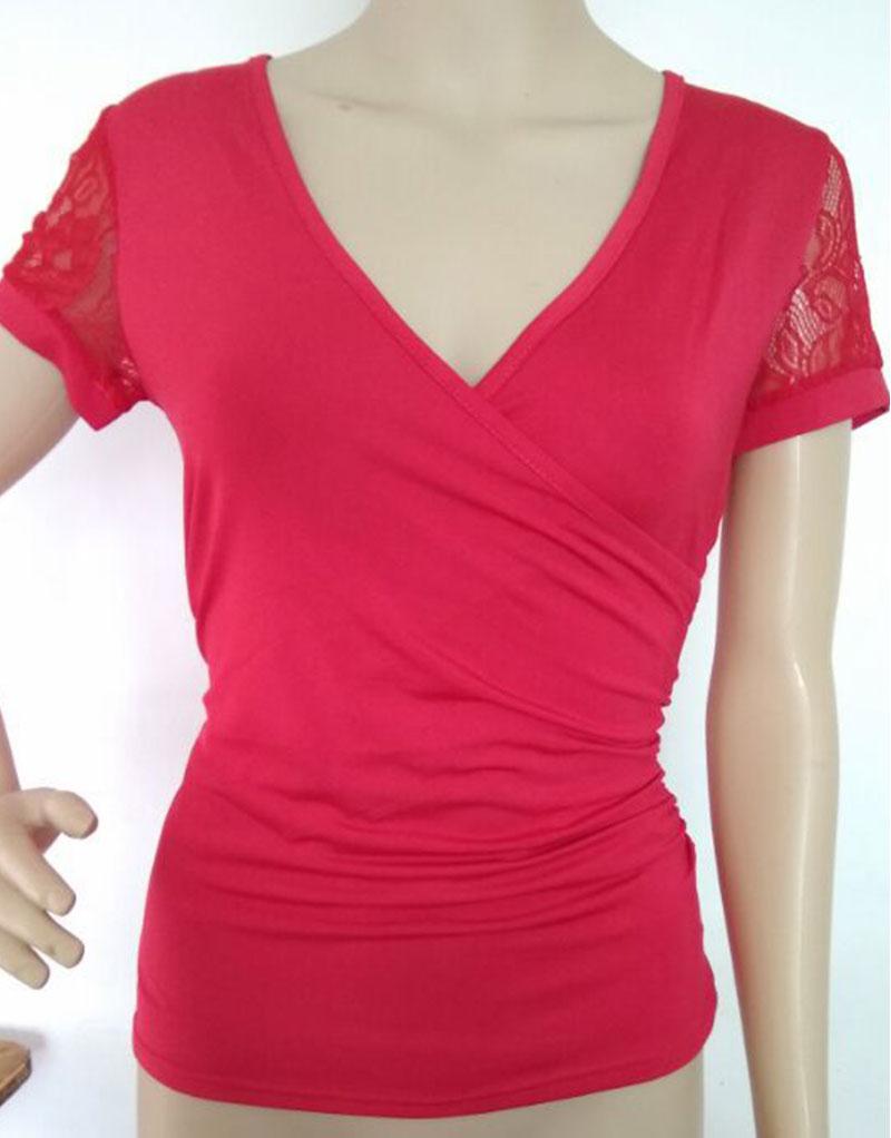 Wrap Shirt Open Chest Top Lace Mesh Embroidery Short Sleeve Deep V Neck