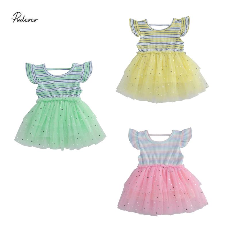 

Infant Kids Girls Dress Rainbow Striped Pattern Round Neck Mesh Multi-Layer Ruffle Sleeve Hollow Back Outfit Sweet Summer Dress, Pink