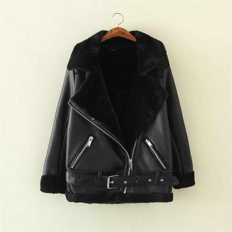 

New high-end autumn and winter women's leather jacket solid color casual coat plus velvet leather jacket warm, Black
