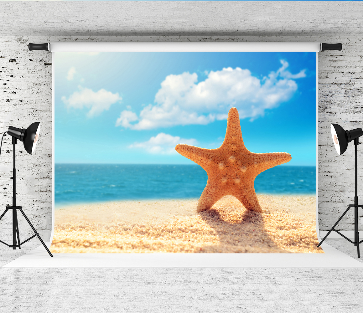 Kate 7x5ft Summer Holiday Party Seashell Photography Backdrops Sandy Beach Starfish Photo Background Photo Blue Sky White Cloud Backgrounds Baby Wedding Photoshoot Props
