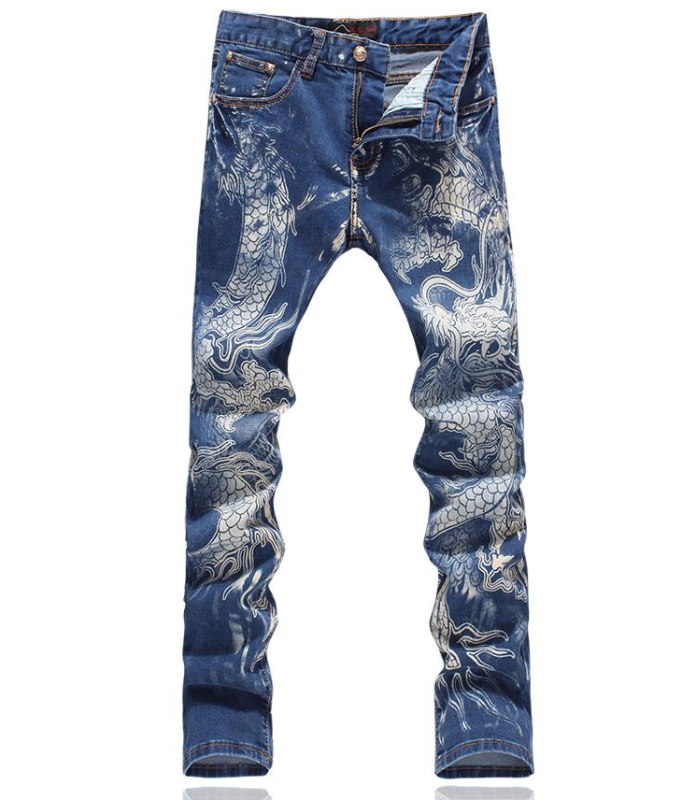 

Men's Blue Dragon Tattoo Design Jeans Male Coloured Paiting Pants Social Club Slim Cotton Denim Fashion Trousers High Quality
