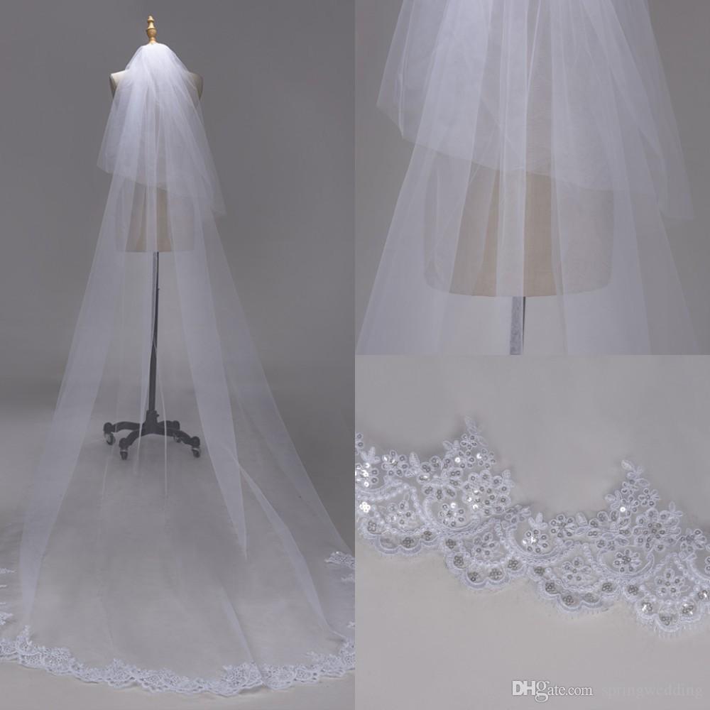 

3M two Layer Lace Edge with sequins White Ivory Cathedral Wedding Veil Long Bridal Veils Cheap Wedding Accessories Veu de Noiva CPA1383