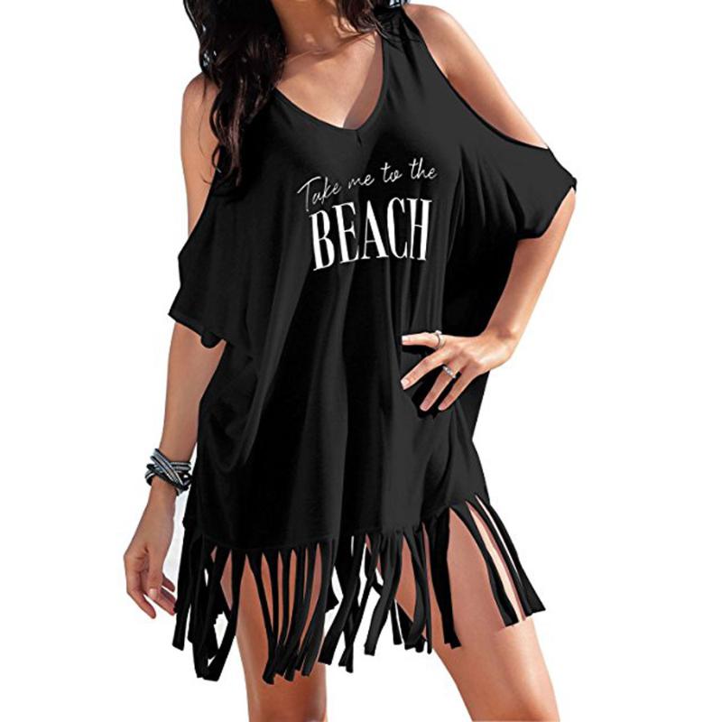 

Womens Tassel Letters Print Baggy Swimwear Bikini Cover-UPS Beach Dress woman sea costume swimsuit skirt skirted swimsuit, Black