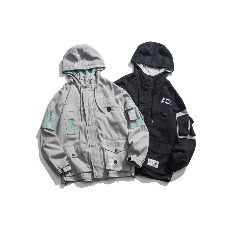 

Autumn Work Coat Men Warm Fashion Solid Color Casual Loose Collar Jacket Streetwear Multi-pocket Outwear Male Clothes, Black