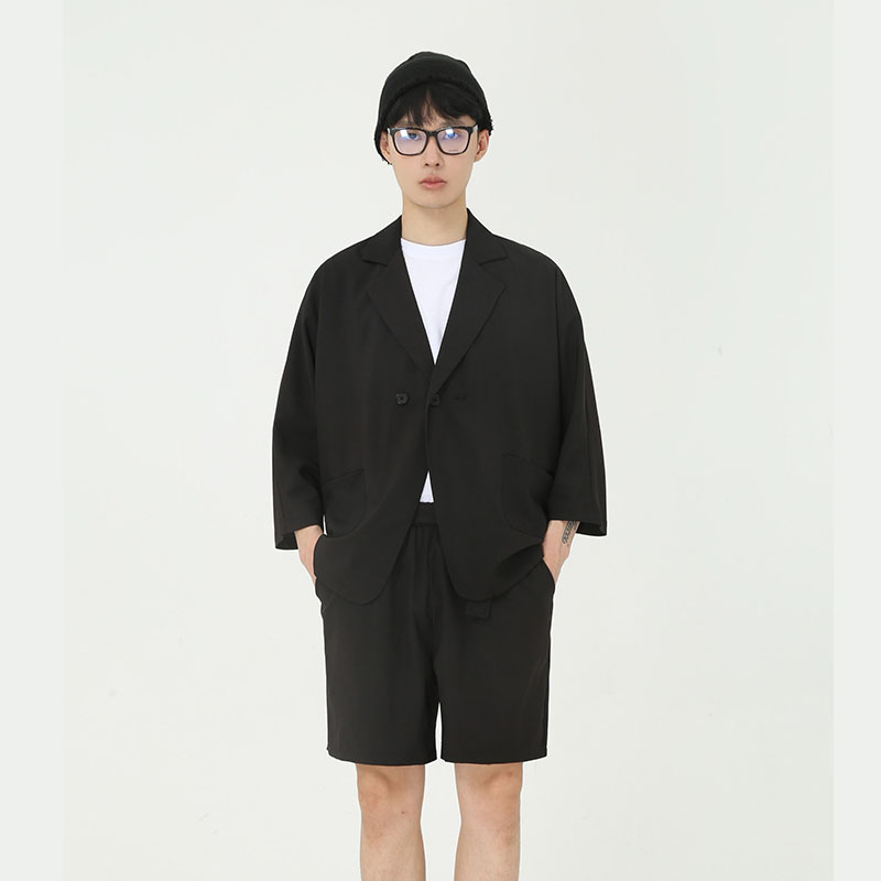 

Men Summer New Casual 2 Pieces Suits Sets Jacket Elastic Waist Shorts Male Streetwear Vintage Fashion Loose Suits, Black