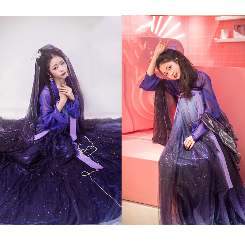 

New Blingbling Starry Sky Dress Chinese Traditional Ancient Dance Costumes National Stage Ethnic Hanfu Tang Suit Dresses for Lady, As the picture show