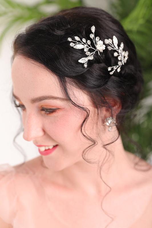 

Elegant Silver Rhinestones Leaves party make up women Wedding Hair pins bride Hair Accessories Bridal Jewelry Sets
