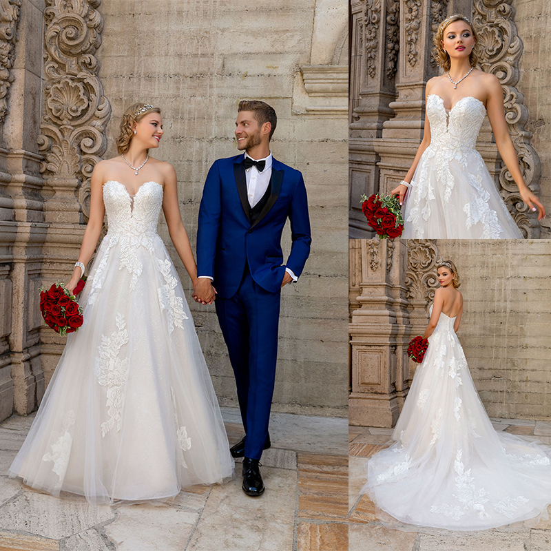 

Kittychen A Line Wedding Dresses Sweetheart Neck Lace Appliques Wedding Dress Tulle Backless Beach Sweep Train Bridal Gowns, White