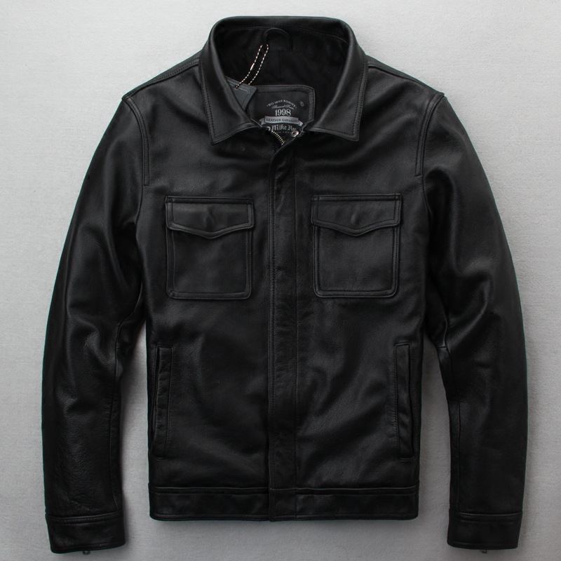 

Vintage Men Genuine Korean Coat Real Cow Leather Jackets Men' Streetwear Motorcycle Jacket Black YY594