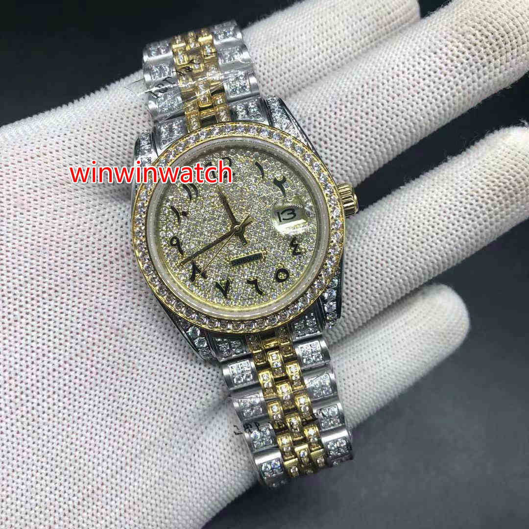 

Full diamonds case watches for men big stones bezel day sweep automatic date watch high quality free shipping 36MM two tone wristwatch