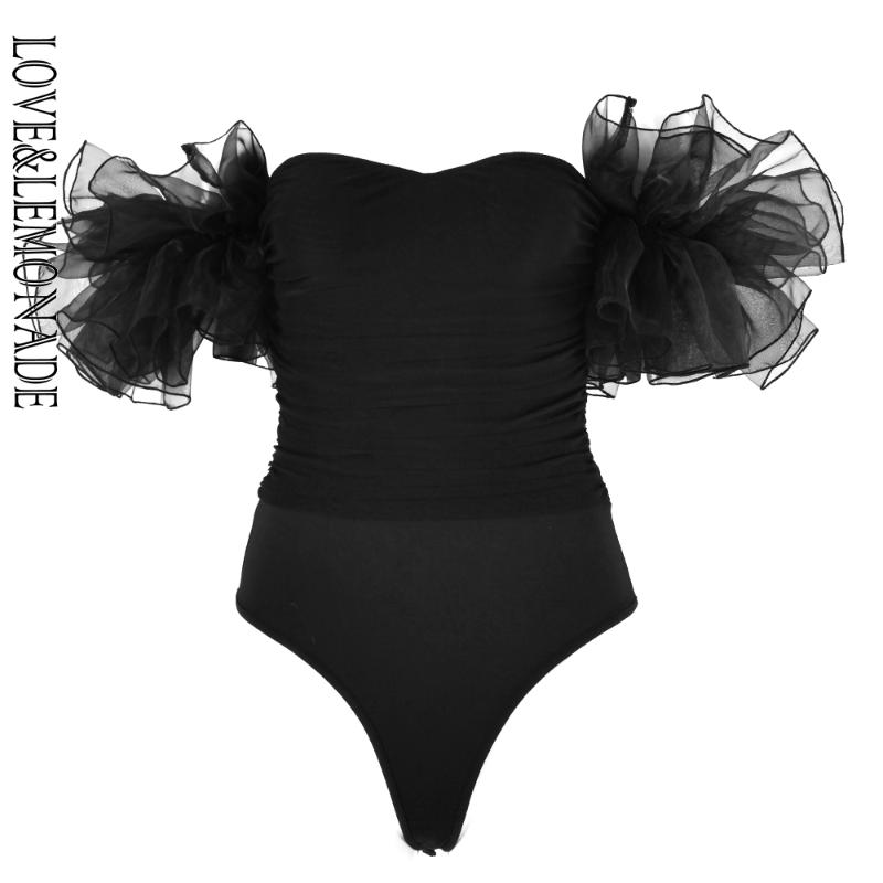 

LOVE & LEMOANDE Sexy Black Tube Top Pleated Mesh Ruffled Bodysuit LM90215