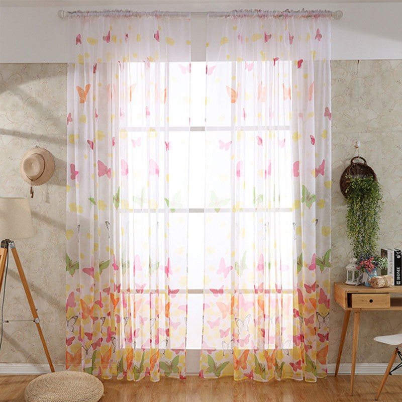Sheer Curtains Pastoral Printing Butterfly Voile Roman Curtains
