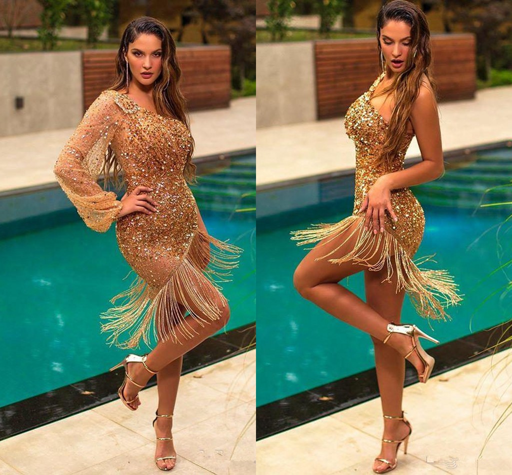 

2020 Sexy Gold Sequined Short Cocktail Dresses One Shoulder Long Sleeves Party Prom Gown Plus Size Formal Evening Club Wear With Tassels, Brown