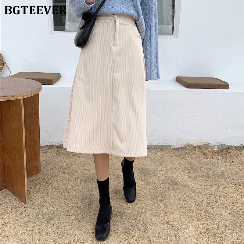 

BGTEEVER Casual Half Elastic Waist Button Female Corduroy Skirts 2019 Winter A-line Pocket Mid-length Skirts Vestidos Femme, Apricot