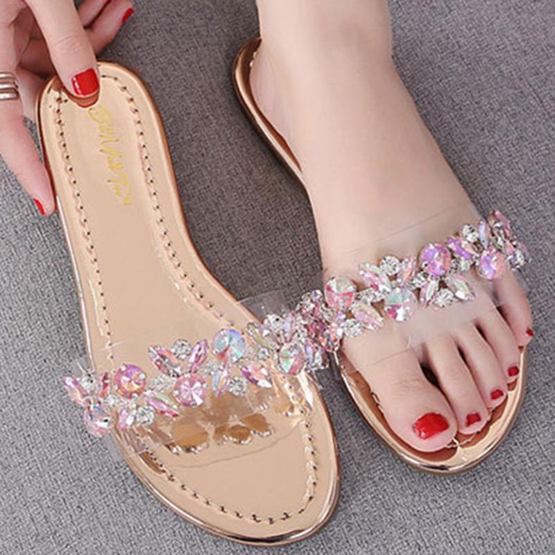 

Women's Summer Anti-Slip Sandals Slipper Indoor Outdoor Flip-flops Shoes Colorful Diamond Crystal fashion women Slippers fa357, Gold