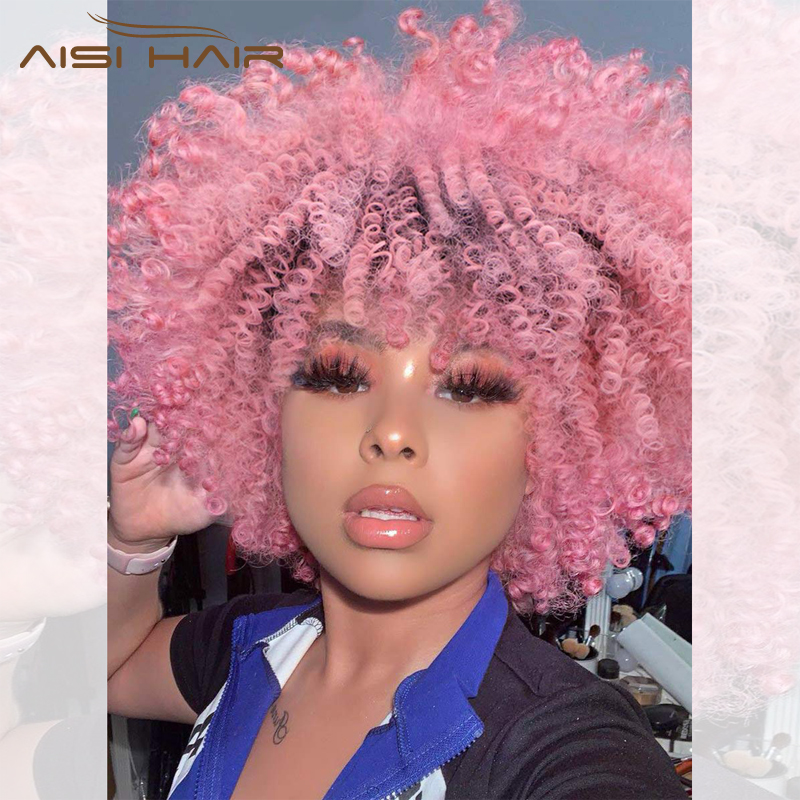 

AISI HAIR 14inches Afro kinky Curly Wig Ombre Black Pink Wig With Bangs Heat Resistant Fiber Synthetic Long Wigs for Women, T1b/613