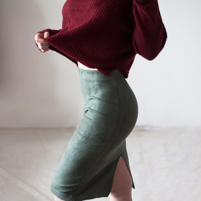 

hot sale Women Spring Summer Solid Suede Multi Package Hip Pencil Midi Skirt Bodycon Femininas, 7#