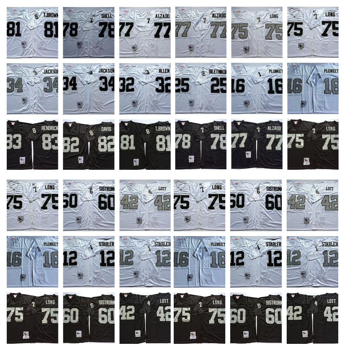 

Retro Jersey 34 Bo Jackson 75 Howie Long 81 Tim Brown 32 Marcus Allen 77 Lyle Alzado 12 Ken Stabler Lester Hayes 42 Ronnie Lott M&N Football, White
