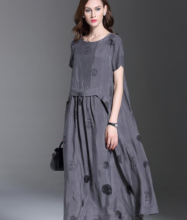 

Crew neck summer grey short sleeve vintage style long women Cupro dresses street style dresses Ankle-length, Dark gray