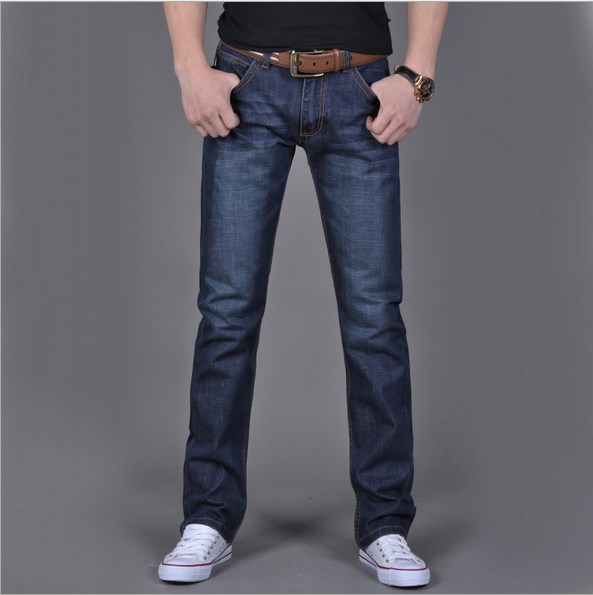 

ClassDim Men's Straight Denim Jeans Navy Blue Solid Long Jeans New Fashion Male Classic Style Denim