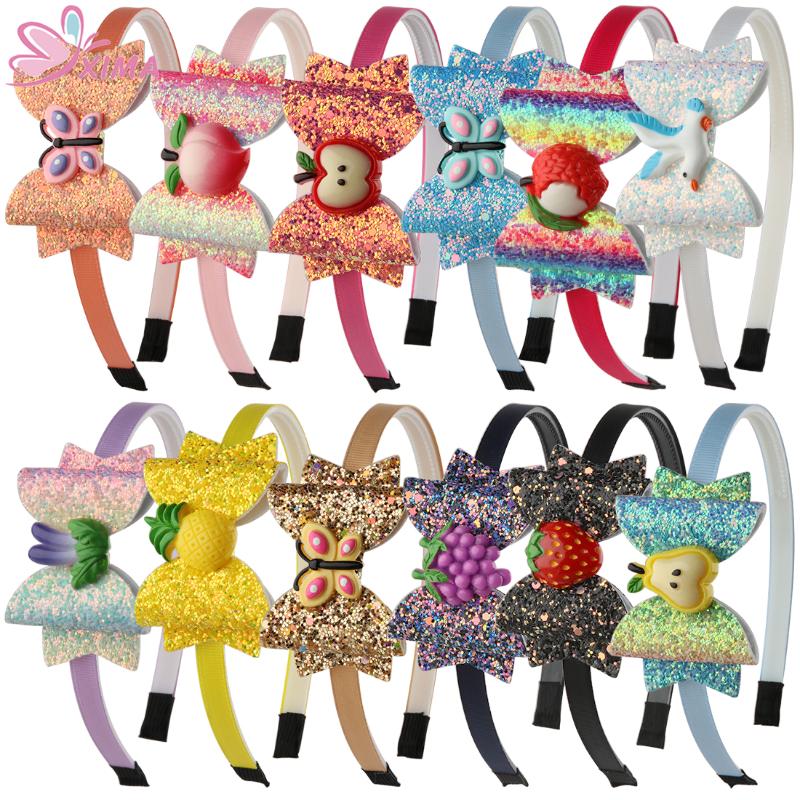 

XIMA 12pcs/lot 3''Glitter Hair Bows with Headband Girls Party Hairband Kids Plastic Headband Fruit Design Hair Accessories, As pic