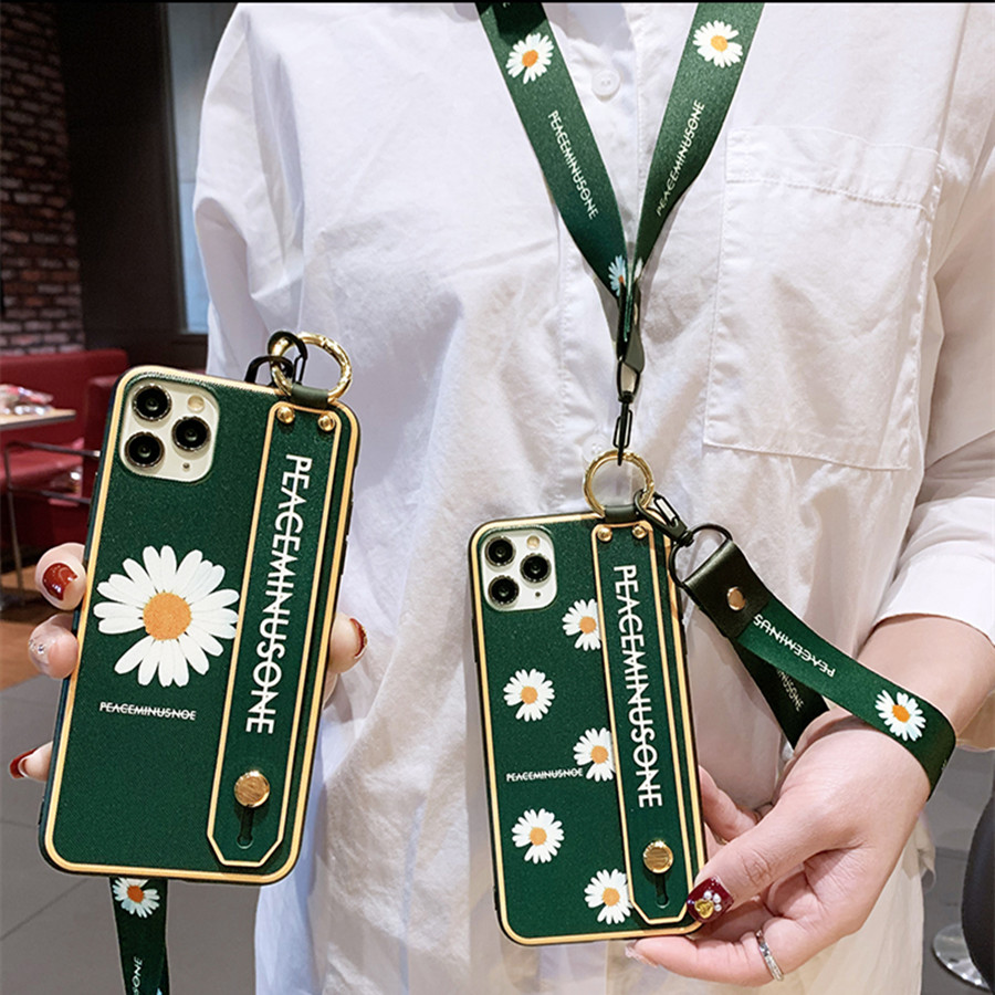 

For iphone 11 pro X XS MAX XR 7 8 6 6S plus case cover tpu+pc shoulder strap GD daisy flowers matte wristband holder phone bag