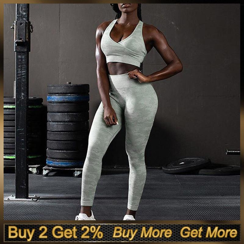 

Sexy Backless Women Yoga Set Running Bra&Pants Workout Fitness Camouflage Tights Sport Wear ropa deportiva mujer, Black