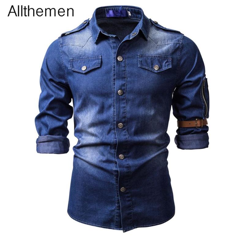 

Allthemen Men' Denim Long Sleeve Shirt Style Cowboy Jean Shirt Solid Men Casual Slim Fit Shirts Masculine Outwear, As shown