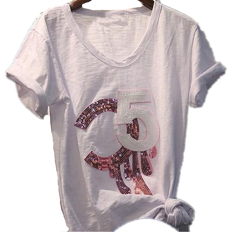 

2019 Women Top White T Shirt Letter Casual Short Sleeve Sequined T-Shirt Fashion Tee Femme Lady Clothes
